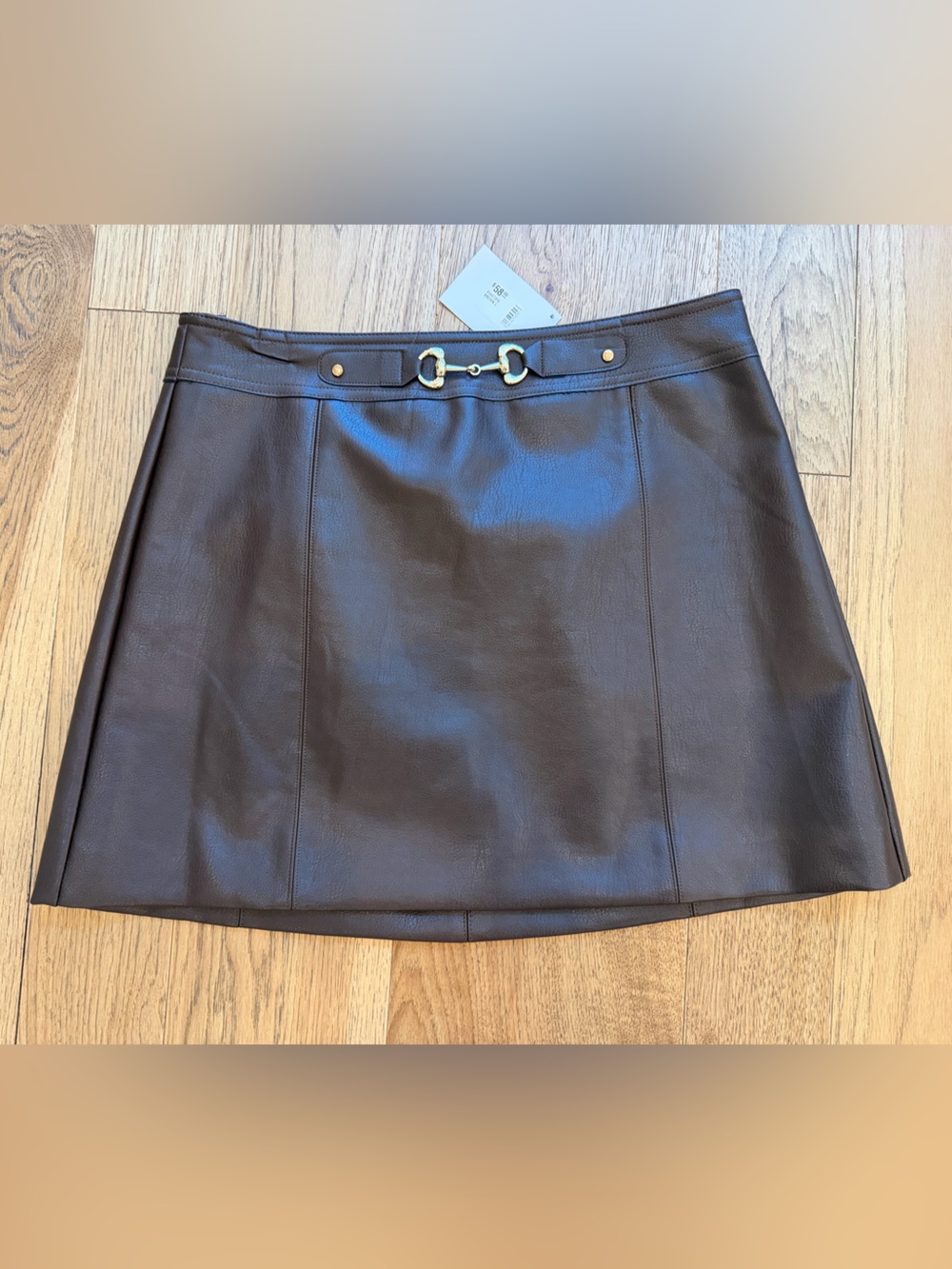 Faux Leather Chocolate Brown Mini Skirt with Gold Buckle Detail